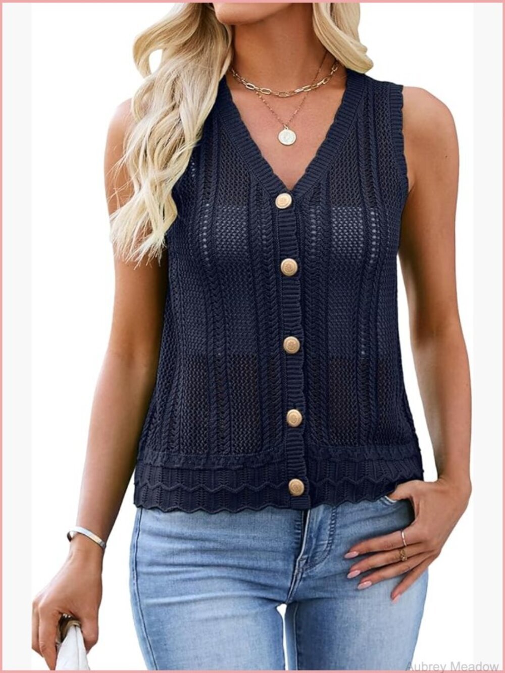 Crochet V Neck Sweater Vest Hollow Out Summer Sleeveless Knit Cardigan Button